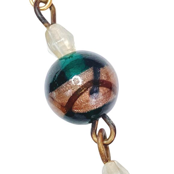 VTG Glass Lampwork Brass Earrings Green Boho Artisan Drop Dangle Ornate Earthy - Picture 11 of 16